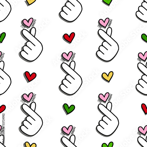 Cartoon hand showing love good feelings care with a red heart with alternating black borders beautiful colors cute colorful hand drawn seamless industry fashion  cartoon pattern