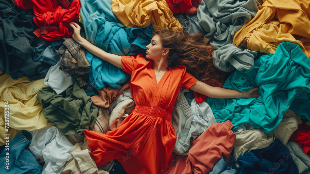 Top angle. Woman lies on pile colorful clothes. Revision clothing at home. Disorder and mass. Shopaholic, female wardrobe, nothing to wear. Household and laundry concept. Problem excess consumption