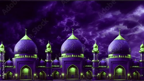 Mosque building background at night with eccentric magic purple clouds.  photo