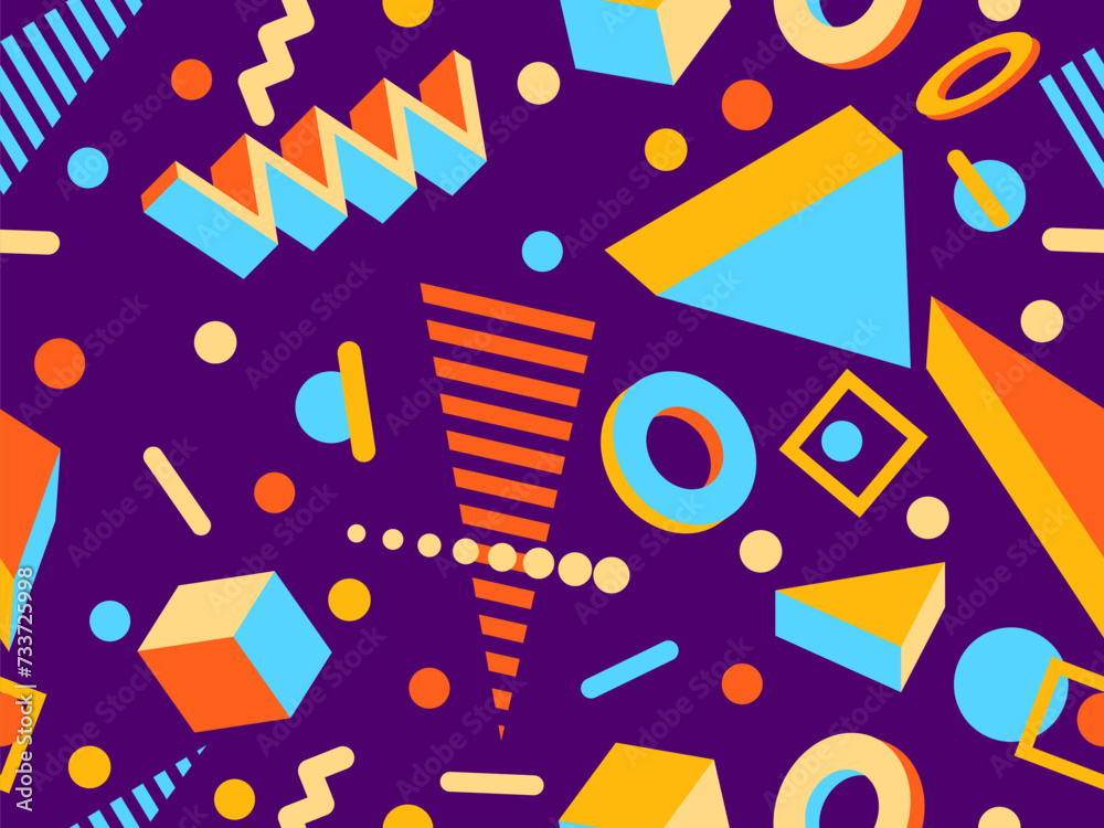 Memphis seamless pattern with 3d geometric shapes in 80s style. Colorful geometric pattern with isometric 3d shapes. Design of promotional products, wrapping paper and printing. Vector illustration Memphis seamless pattern with 3d geometric shapes in 80s style. Colorful geometric pattern with isometric 3d shapes. Design of promotional products, wrapping paper and printing. Vector illustration