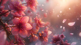 Photo of pink cherry blossoms in full bloom with petals falling