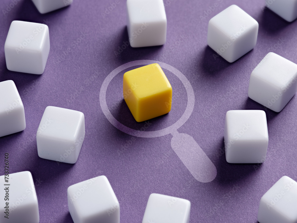 Magnifying glass analyzes the yellow colored cube surrounded by white cubes. Magnifying glass analyzes the yellow colored cube surrounded by white cubes.