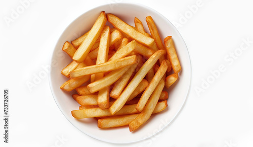 French fries in white bowl isolated on white background, top view