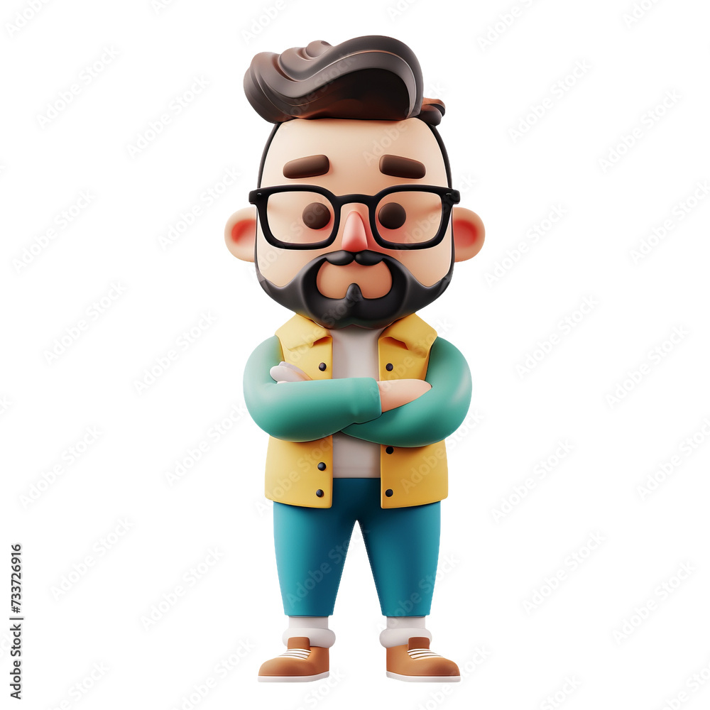 3D Character with Arms Crossed Wearing Yellow Jacket and Teal Pants, Hipster Style with Glasses and Beard, Standing Confident on White Background