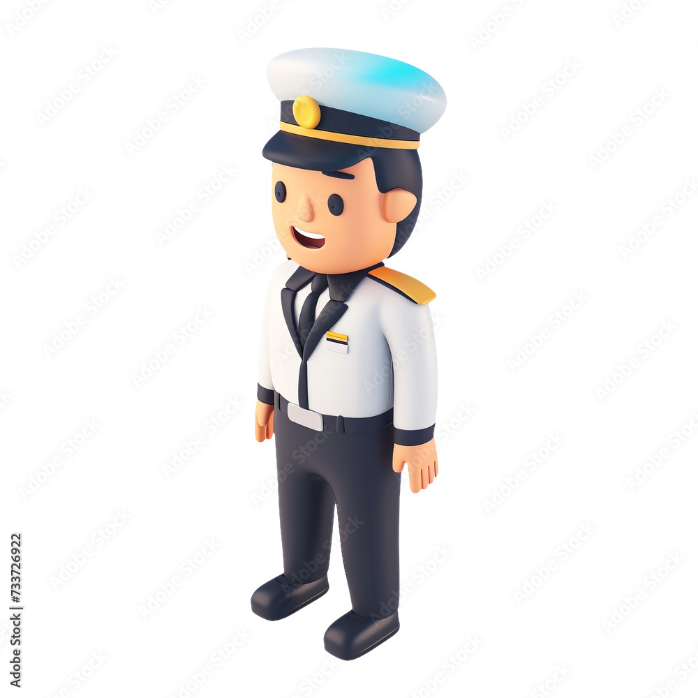 3D Character in White and Blue Pilot Uniform with Gold Accents and Cap, Smiling, on White Background