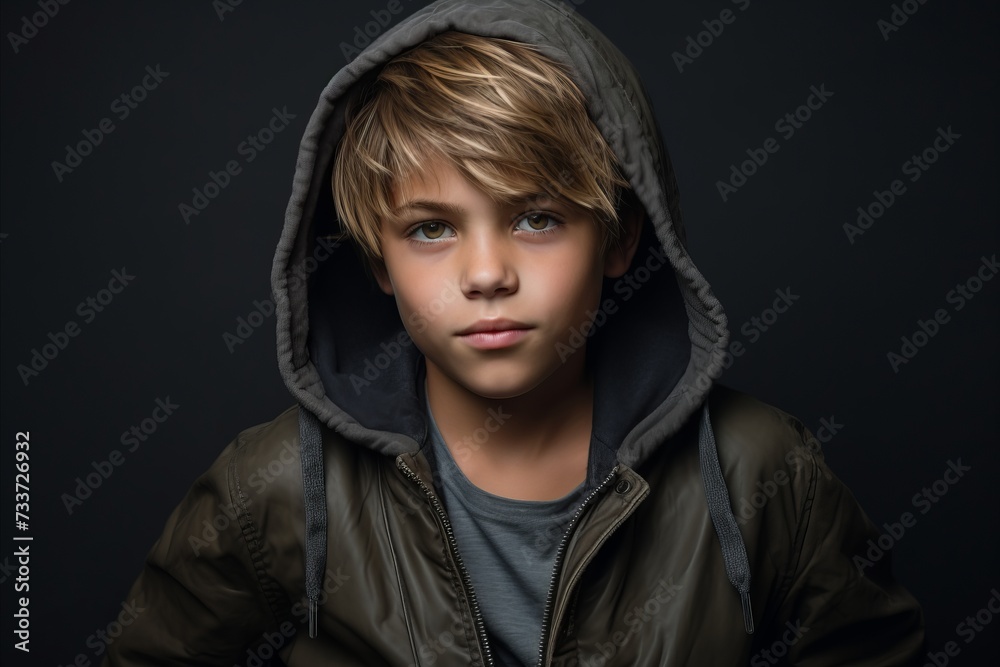 Portrait of a boy in a hooded jacket on a dark background. Portrait of a boy in a hooded jacket on a dark background.