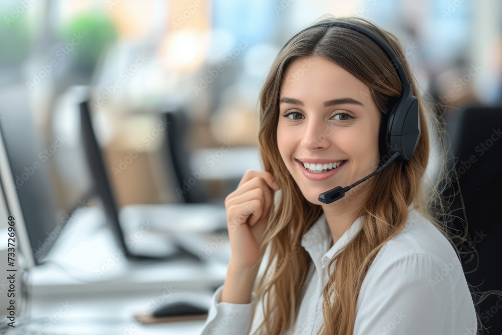 Many call center employees chat with customers with friendly smiles. Many call center employees chat with customers with friendly smiles.