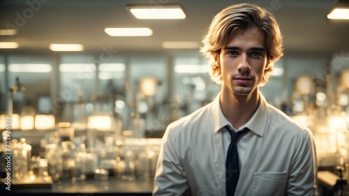 Young handsome scientist in a science laboratory. Cute scientist in a white coat against the background of scientific equipment. Researcher in the laboratory. Scientist chemist and physicist. photo