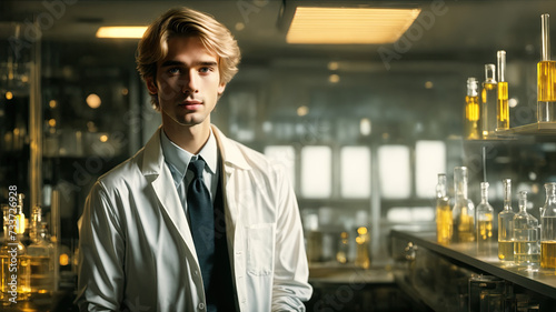 Young handsome scientist in a science laboratory. Cute scientist in a white coat against the background of scientific equipment. Researcher in the laboratory. Scientist chemist and physicist.