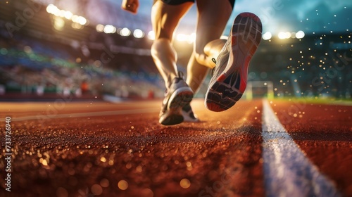 Athlete running in the stadium, low angle view