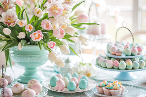 An elegant Easter table setting featuring a bouquet of soft-hued pink tulips in a turquoise vase, a variety of pastel-colored decorated eggs. Concept craftsmanship, celebration, family holidays.