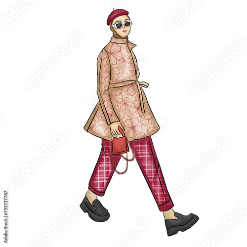 Fashion illustration. Sketch of modest fashion illustration. feminime style.background image photo
