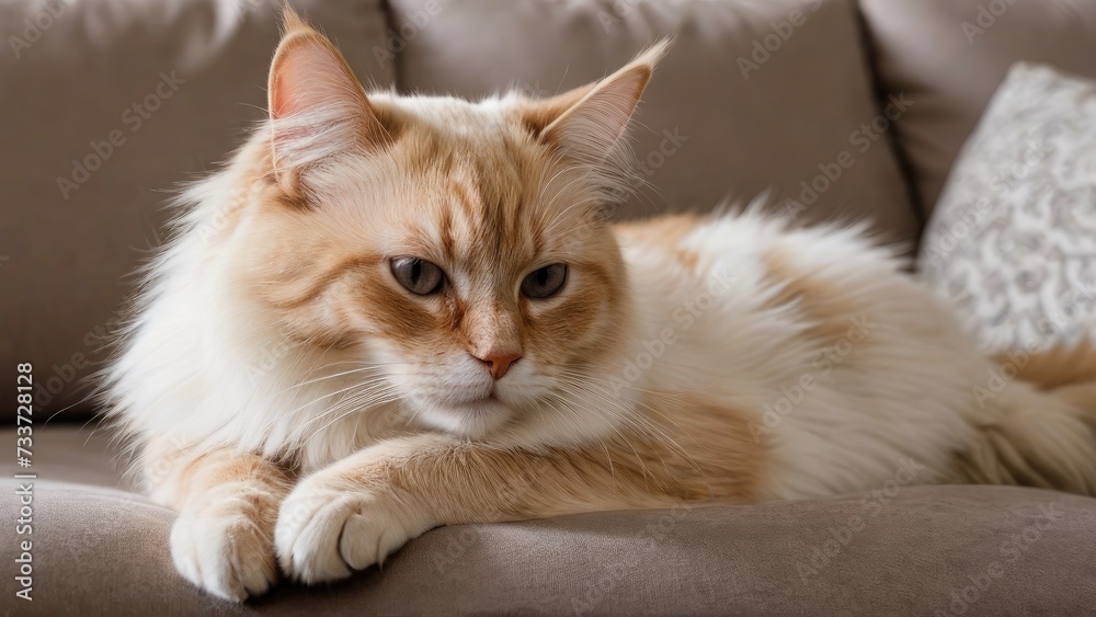 Red point birman cat lying on sofa in living room