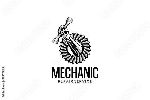 vector hand holding a wrench firmly in a gear for mechanic logo design, machine repair service