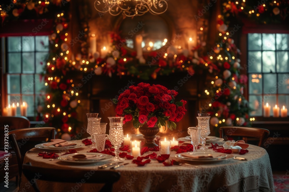 Festive Celebration with Glowing Candles and Lush Red Roses Adorning a Majestic Holiday Feast Table