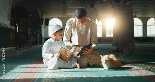 Quran, child and man teaching in a mosque for praying, peace and spiritual care in holy religion for Allah. Reading book, learning or Muslim person with tablet, kid or education to help worship God