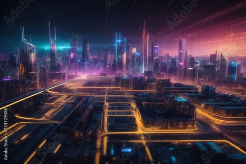 Smart city, IOT and wireless connection concept with abstract digital dotted waves on night megapolis city background. AI generated