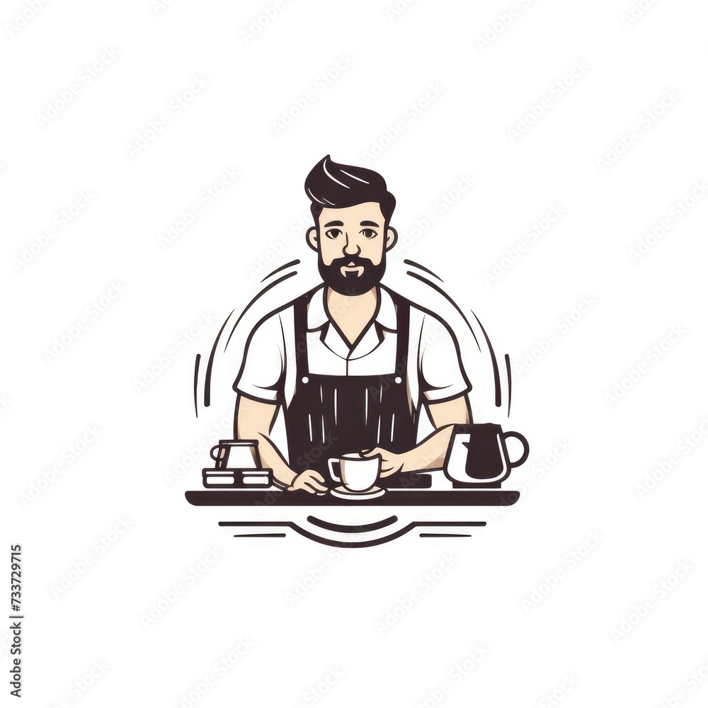 graphic logo of barista with cup of coffee on white background.