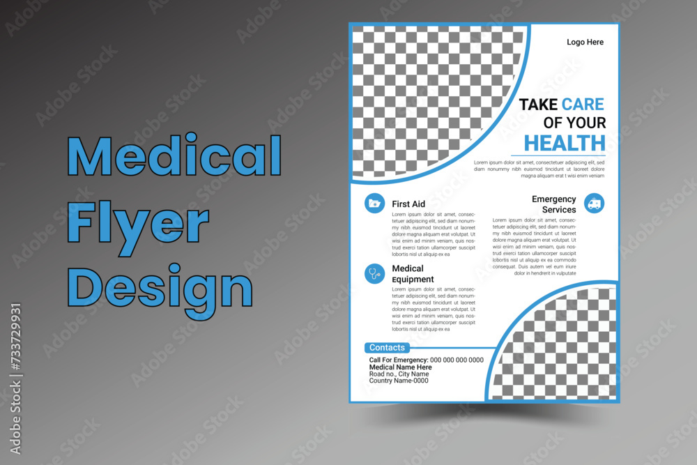 Medical Healthcare Flyer Template, Flyer Layout with Blue Accents. 
