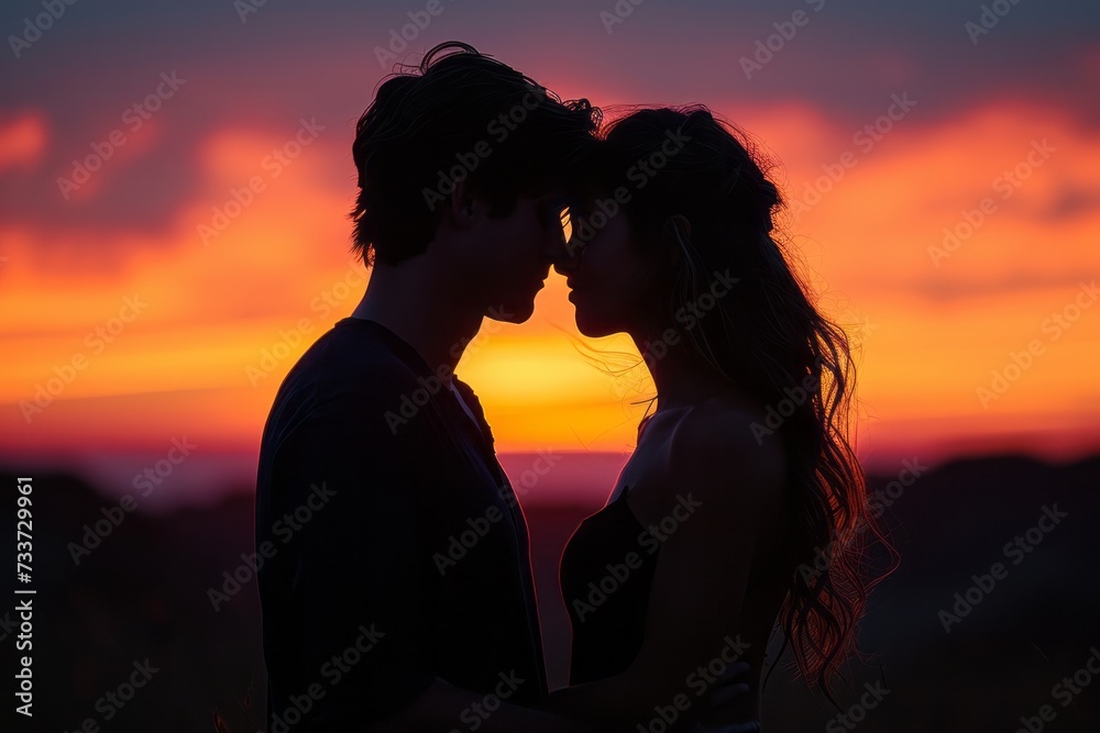 Romantic Embrace: A Silhouette of Love Against the Sunset Sky