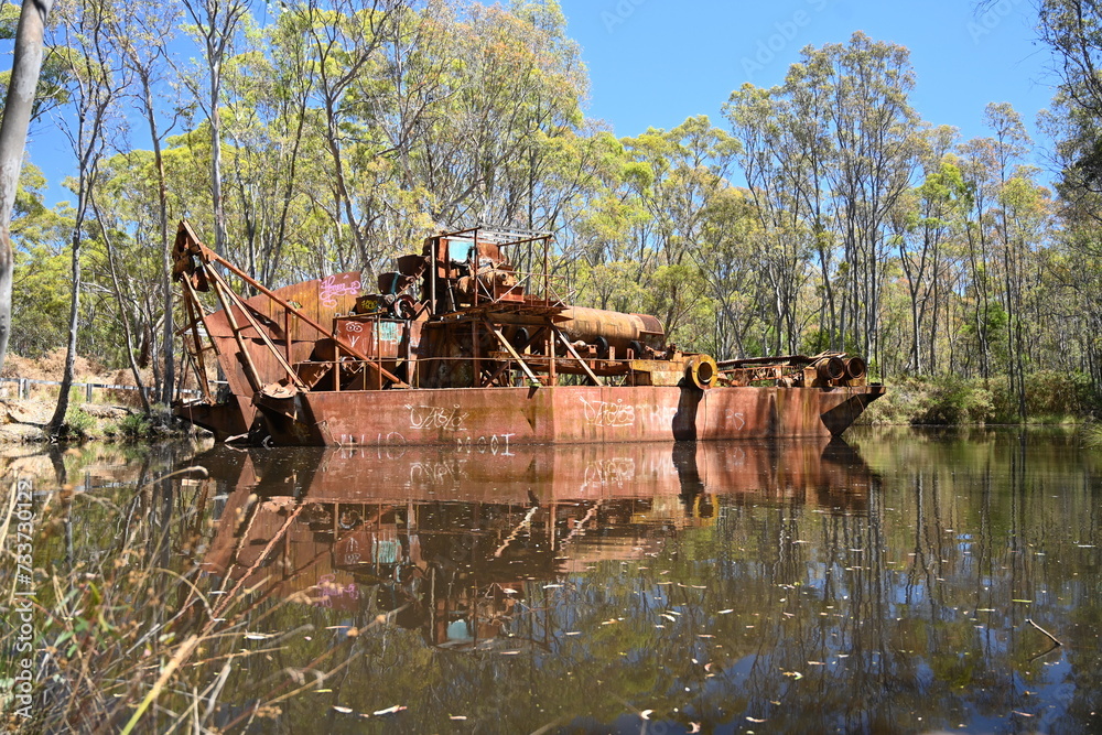 old disused gold mining machinery. bucket Dredger Porcupine Flat, Moldon, Australia