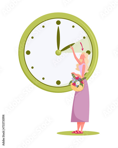 Daylight saving time and clock change to one hour ahead concept. Spring forward flat style vector illustration with happy girl with flowers changing time.
