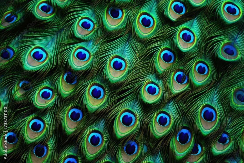 Fototapeta premium Beautiful closeup peacock green and blue luminous feathers pattern. Macro texture of colorful fluffy plumage from tropical bird. Minimal natural fashion concept