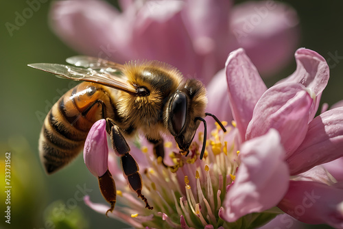 Extreme close-up of a honeybee collecting nectar from a blooming flower.