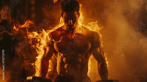 Muscular man flexing muscles and exercising in the fire