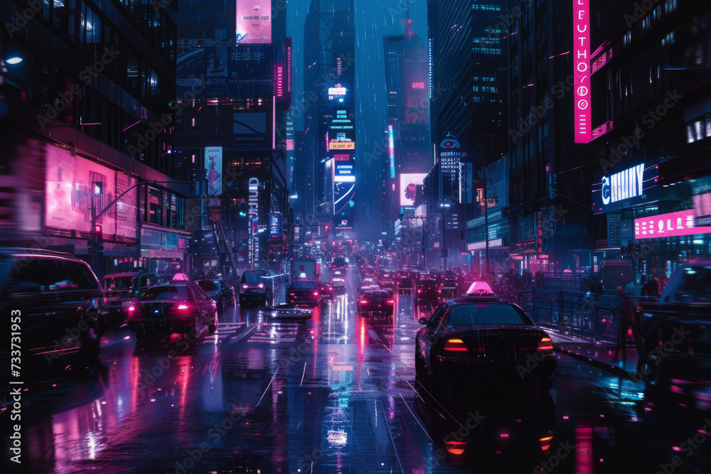 The vibrant digital city at night, showcasing neon lights, futuristic skyscrapers, and fast-moving vehicles with a high contrast, cyberpunk-inspired a