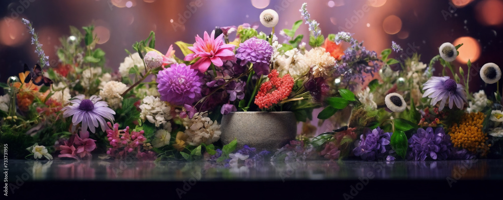 a vase filled with lots of different colored flowers on a table top next to a window with lights behind it, generative ai