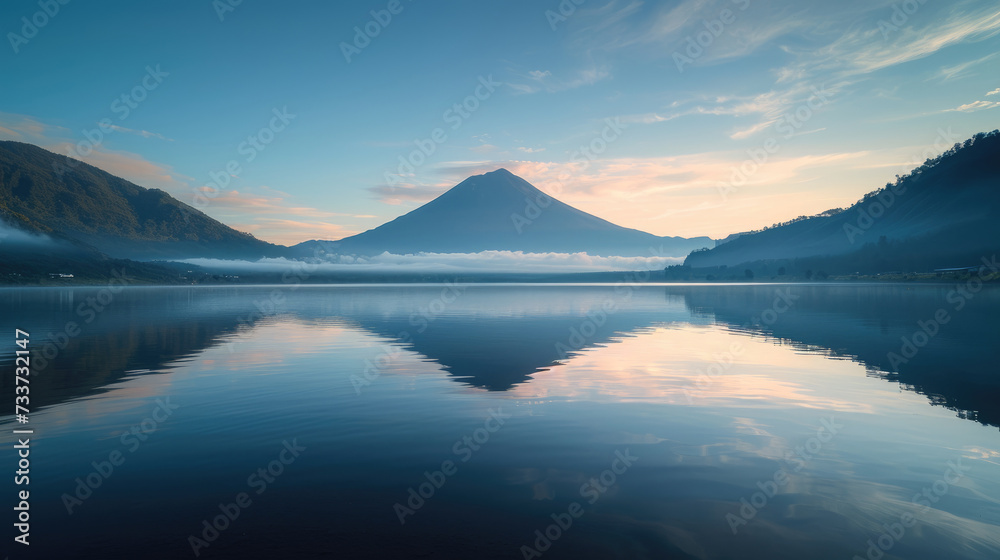 Peaceful dawn with reflective lake at the foot of a volcanic mountain