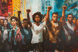 A diverse group of individuals standing in solidarity with their fists raised, set against the backdrop of a vibrant, bustling city.