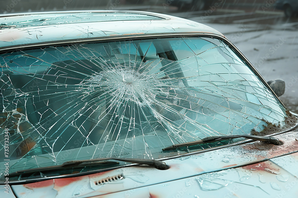 Obraz premium car get damaged by accident on the road car accident, damage, collision, body corrosion, old cars, rotten, cracked paint, peeling coating, broken vehicle parts, environmental damage, dangerous driving