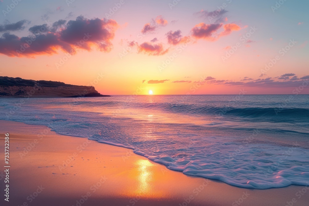 Scenic sunset sky over wavy sea with sandy coast