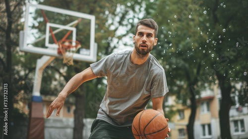 Amateur player playing basketball alone outdoor