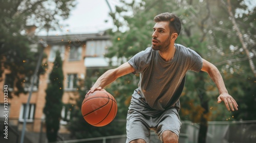 Amateur player playing basketball alone outdoor