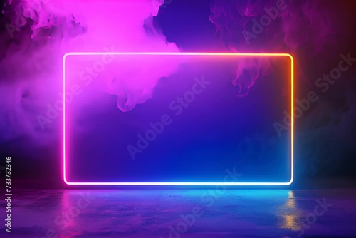 Abstract minimal neon background with pink blue and yellow rectangle frame & moving smoke. Dance stage with reflective floor & copy space. Illuminated cloud around glowing laser light geometric shape