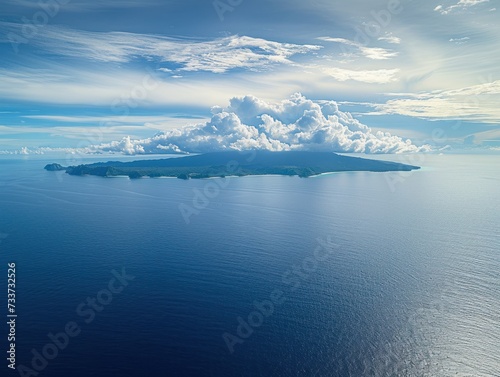 Aerial view of blue sea with island and blue sky with clouds. Flight over the sea. . © Tisha
