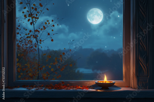 A diya lamp positioned on a sill overlooking a moonlit landscape, capturing a tranquil and mystical setting.