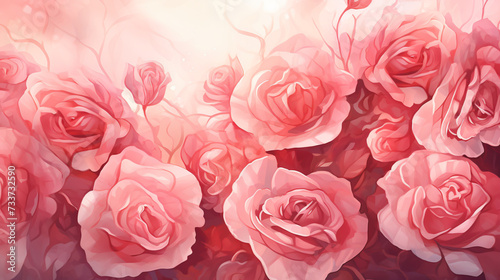 Watercolor bouquet pink roses background. Roses in full bloom, with delicate petals. © Rabbit_1990