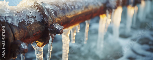 Close-up view of frozen water pipes with icicles forming  capturing the impact of the cold on the environment.