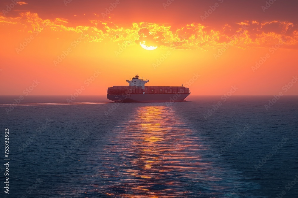 Sailing cargo ship in sea at sunset