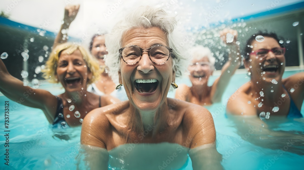 there are many old ladies swimming in the pool  and one wear glasses 