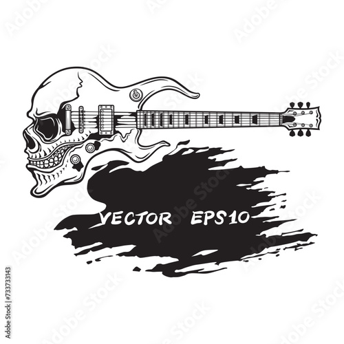Hand drawn of skull electric guitar rock music band. Illustration, Poster, Postcard, Vector , Tshirt, ceramic. 