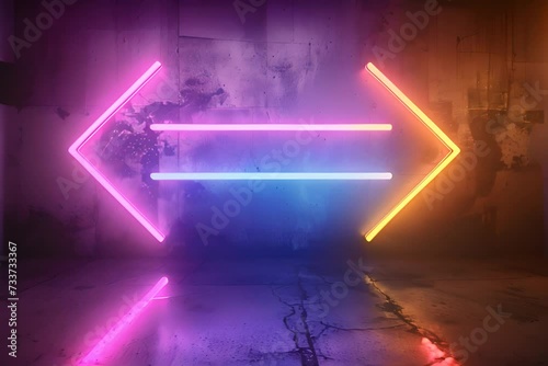 Abstract minimal neon background with pink blue and yellow arrows frame pointing both direction. Room with reflective floor & copy space. Illuminated around glowing laser light, left & right.