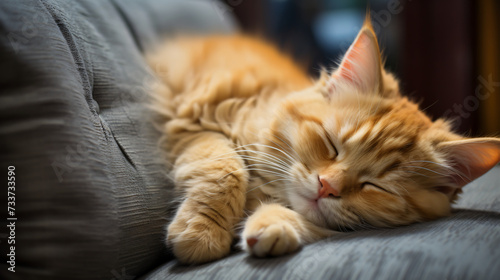 Orange kitten sleeps comfortably on the sofa. © Rabbit_1990
