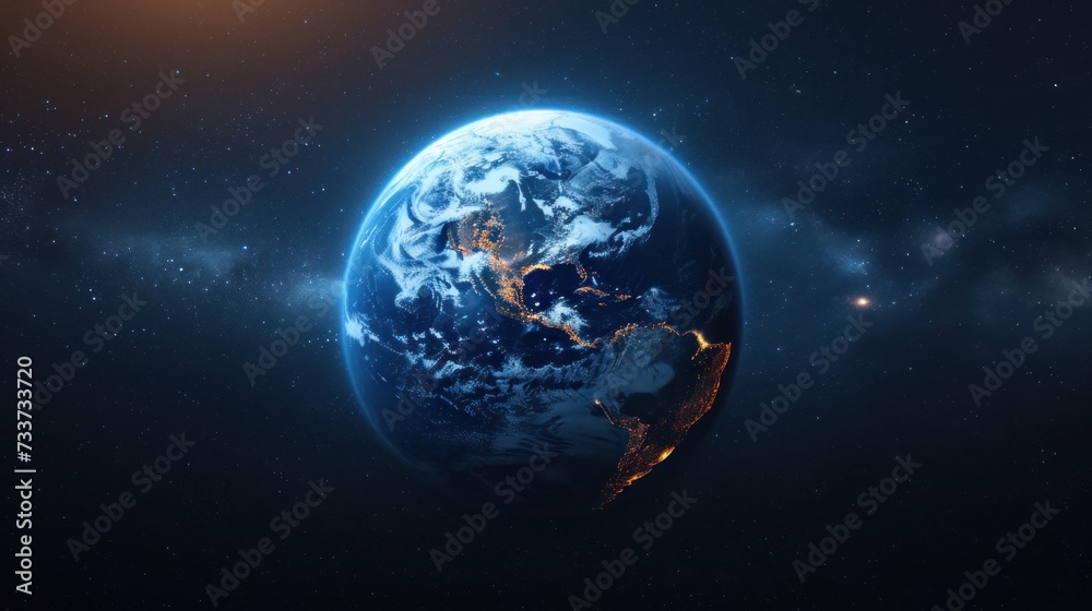 Planet Earth on starry space background, day and night transition.