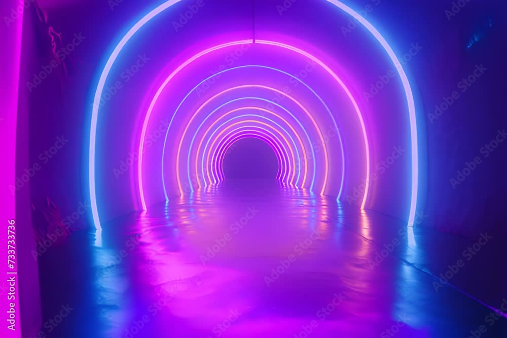 Abstract minimal neon background with pink blue and tunnel frame. Dance stage with reflective floor & copy space. Illuminated arches around glowing laser light geometric shape Abstract minimal neon background with pink blue and tunnel frame. Dance stage with reflective floor & copy space. Illuminated arches around glowing laser light geometric shape
