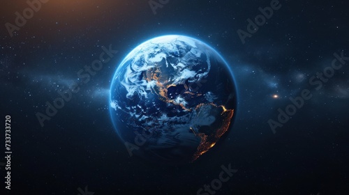 Planet Earth on starry space background  day and night transition.